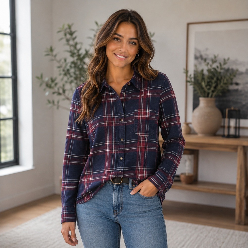 Abercrombie & Fitch Soft A&F Shirt Women M Navy Burgundy Plaid Button Down